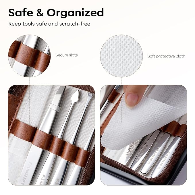 FAMILIFE Manicure Kit for Women, 9 Pcs Compact Carbon Steel Nail Grooming Kit with Case, Classic Brown Travel Manicure Set for Home, On-the-Go Care, Daily Use Manicure Set (Brown)