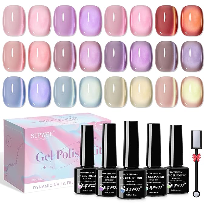 Cat Eye Gel Nail Polish Set, 12 Colors Magnetic Nail Polish Gel Cateye Gels with Magnet, High Glossy, UV Lamp Cure, Vegan, Non Toxic, Long Lasting, 0.24fl oz