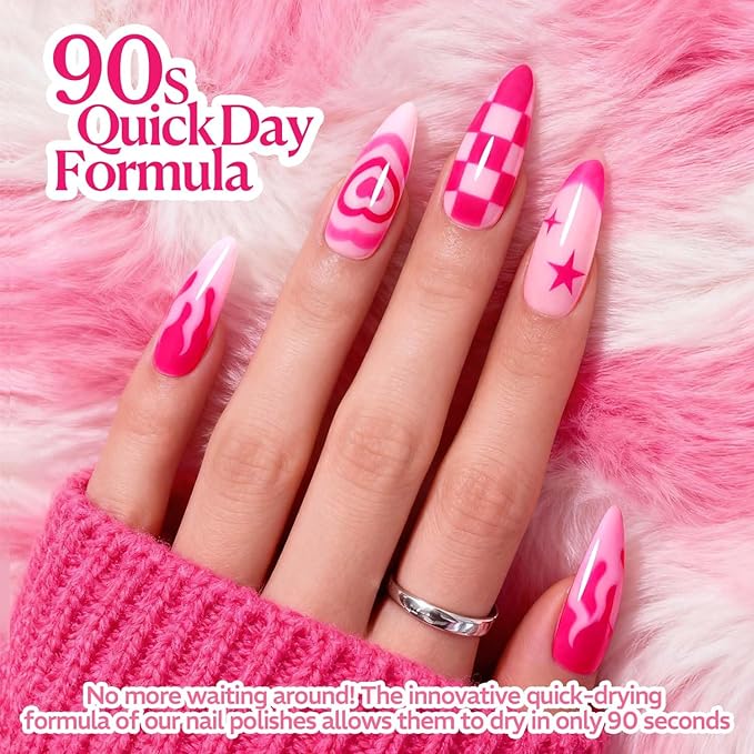 AZUREBEAUTY Hot Pink Nail Polish Set (4 Colors + Top Coat), Bright Solid Color Shades, Glossy Finish, Quick Dry Regular Nail Polish for Easy DIY Use