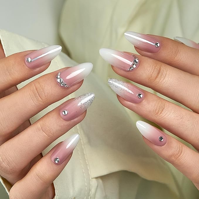 CurvLife Press On Nails Long Almond Pink Ombre French Tip, Soft Gel Glossy Fake Nails, Reusable Durable Salon Look Manicure for Women Teens Beginners, 30pcs, Daily Wear for Work Party