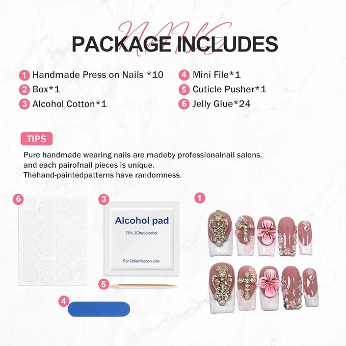Flower Press on Nails Medium Fake Nails White French Tip Luxury False Nail with 3D Golden Rhinestone Design Gradient Floral Stick on Nails Muti-Layer Gel Artificial Acrylic Nail for Women (Size S)