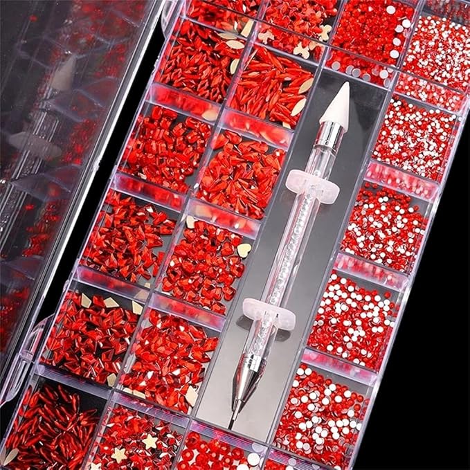 3100Pcs Red Hotfix Rhinestones Mixed Size Crystal Flatback Rhinestones for Crafts Round Glass Gems with Picking Rhinestones Pen, Mix 12 Multi shape Gems Stones Set for Makeup