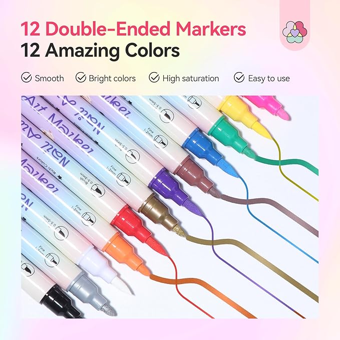 SAVILAND 12 Colors Nail Polish Pens Set: 20s Quick-Drying Dual-Tip Acrylic Paint Nail Art Pens Fine Tip for Painting Nails, Drawing Dots, Lines & Designs, Home DIY Nail Art Supplies