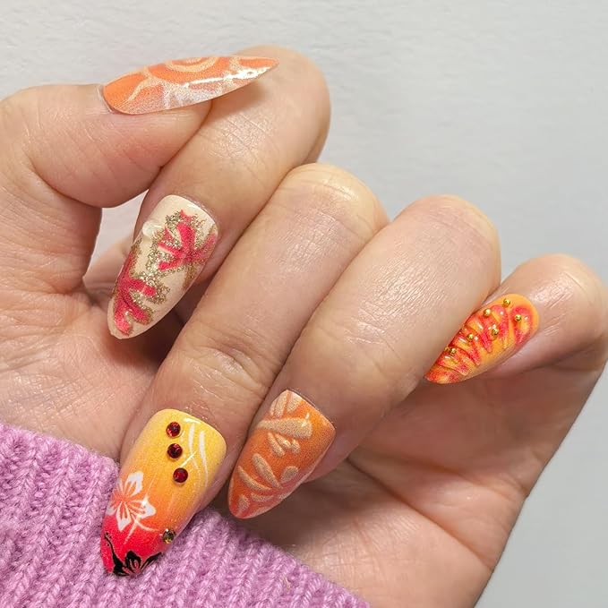 Spring Summer Press on Nails, Almond Fake Nails with 3D Flower & Butterfly Design, Glossy Acrylic False Nails with Rhinestones for Women Girls, 30Pcs