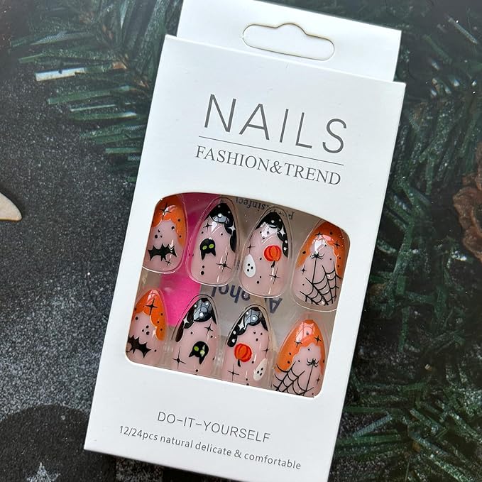 Halloween French Tip Press-on Nails With Cute Ghost & Pumpkin Pattern - Yellow and Black Acrylic Full Cover Almond Nails for Women - 24Pcs