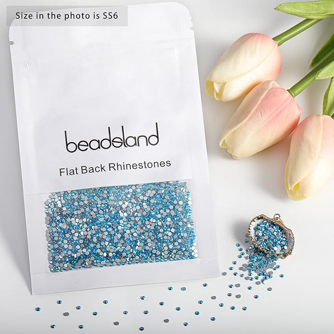 Beadsland Flat Back Crystal Rhinestones Round Gems for Nail Art and Craft Glue Fix, Aquamarine AB, 1.9-2.1mm, SS6/1440pcs