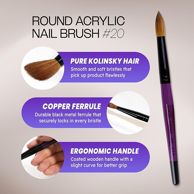 Pure Kolinsky Hair Acrylic Nail Brush - Round Shape Black Ferrule with Purple Wood Handle (Size 20)