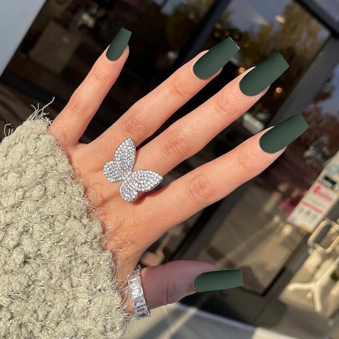 KQueenest Matte Dark Green Press on Nails Long Medium Square, Fake Nails Medium Coffin, Opaque Color Acrylic Nails Press ons, Reusable Soft Gel Glue on Nails for Women Fall Winter