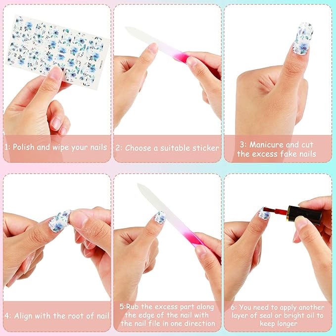 168 Pcs 12 Sheets Full Wraps Nail Polish Stickers Flower Print Self-Adhesive Nail Decal Strips with File Manicure Kits Colorful Flower Full Cover Decal Strips for Women DIY Decoration(Bright Style)