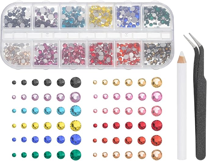 uxcell 1500Pcs Round Flatback Rhinestones Set, 6 Size Glass Flat-Back Crystal Diamonds with Tweezers and Picking Pen for Nail Art Makeup Crafts Fabric DIY Decoration, Multicolor