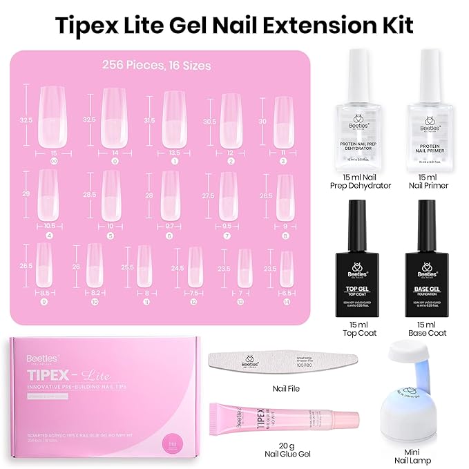 Beetles Tipex Lite Nail Tips Kit with Dehydrator & Primer, Long Square Full Cover Clear Nails 256PCS 16 Sizes, Mini UV Lamp, 20g Solid Nail Glue, Base & Top Coat, All-in-One Nail Starter Kit