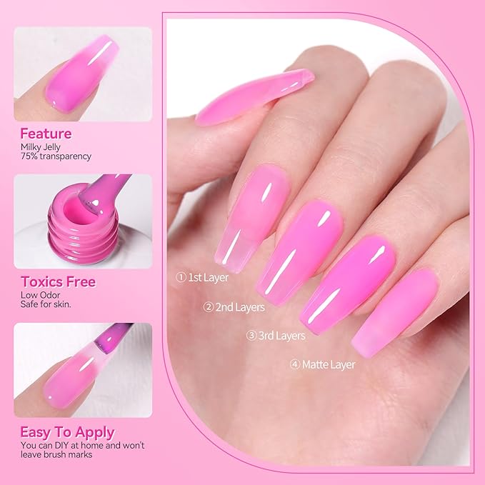 Born Pretty Jelly Pink Gel Nail Polish Milky Translucent Hot Pink Gel Polish Spring Summer Valentine's Day Gift Sheer Gel Polish Kit for Salon Manicure and Nail Art DIY at Home