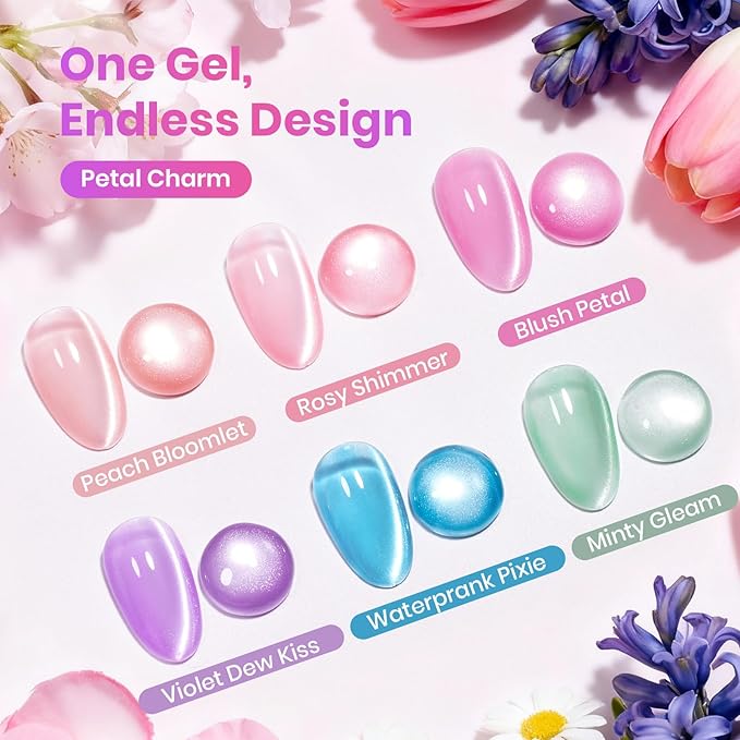 Beetles Petal Charm Cat Eye Gel Nail Polish Set - 6 Colors 15ML Spring Gel Polish Kit Glitter Pink Purple Blue Orange Red Green Magnetic Effect Soak Off UV Nail Art DIY Manicure Gift for Women
