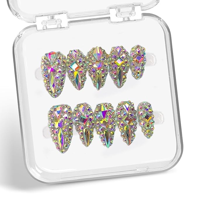 Handmade Press on Nails Luxury Reusable Fake Nails Medium Almond Stick on Nail Full 3D Colorful Diamonds Rhinestone Art Design Thicked Unique Acrylic Nail Manicure Kit for Women (S)
