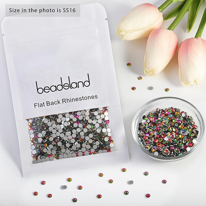 Beadsland Flat Back Crystal Rhinestones Round Gems for Nail Art and Craft Glue Fix, Rainbow, 3.8-4.0mm, SS16/1440pcs