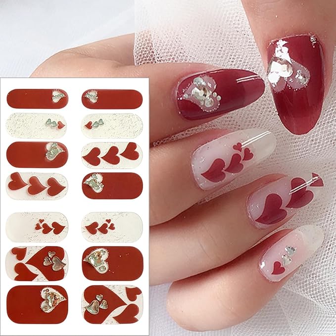 Valentines Day Gel Nail Stickers for Nail Art Red Heart Gel Nail Polish Strips Romantic Love with Rhinestones Glitter Design Cute Holiday Stickers Full Wrap Gel Nail Strips Sticker for Manicure Salon