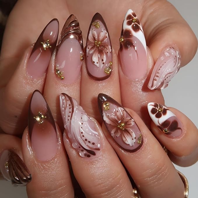 French Tip Press on Nails Medium Almond Fake Nails White Brown Nails Press Ons Brown Flower False Nails with Gold Rhinestones Design Glossy Glue on Nail Acrylic Stick on Nail for Women Set 24Pcs