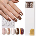 Brown Cat Eye Press on Nails Short Square,Glossy Glass Fake Nail Kit Neutral Nude Chocolate Brown False Nails Winter Fall Nails with Mirror Metallic Silver Nail Stickers,150pcs 15 Sizes