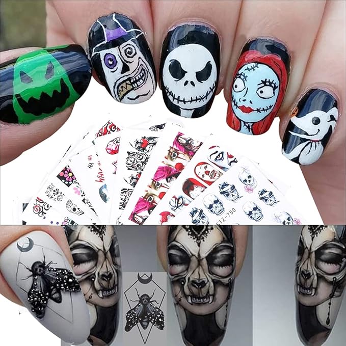 25 Sheets Halloween Water Transfer Nail Stickers Nail Art Decals,10 Sheets Punk Skull Nails Foil Transfer Stickers,Grimace Skull Eye Spider DIY Decals for Halloween Party(35 Pcs)