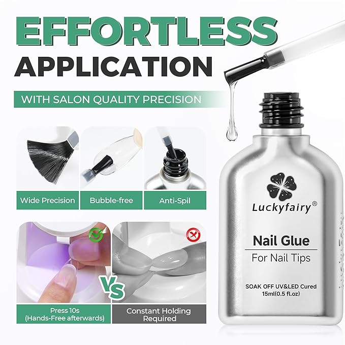 10 in 1 Gel Nail Glue for Nails Tips: 15ml Super Strong Brush On Nail Glue for Clear Acrylic Press on Nails, Need Lamp Cured, Long Lasting Base Coat & Blooming Gel, No Peel Off & Bubble Free Formula
