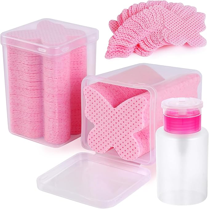 400PCS Lint Free Nail Wipes, Pink Lash Extensions Glue Cleaning Wipes, Nails Cleaning Pads Supplies,accompanied by 1 Empty Pump-Style Bottle Dispenser (Pink)