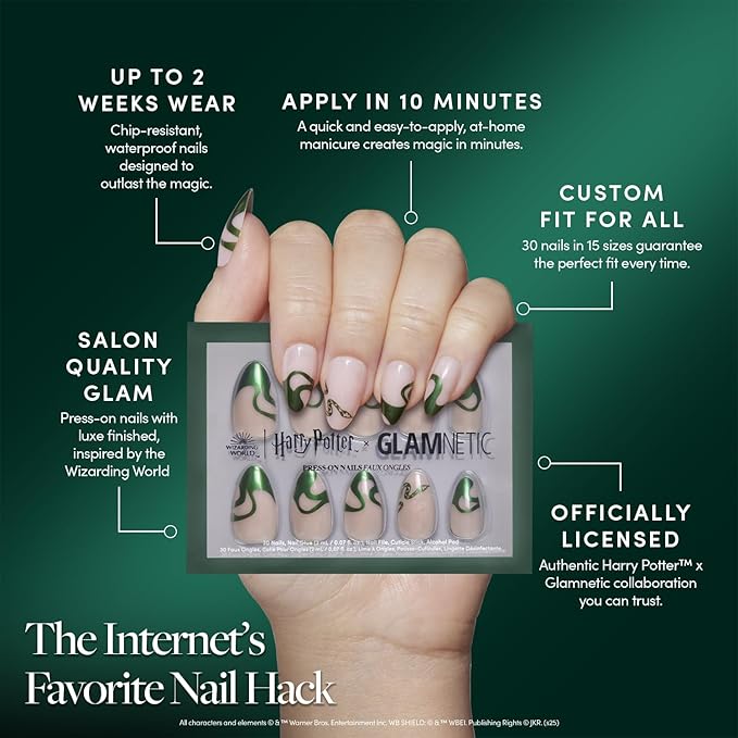Harry Potter™ x Glamnetic Press On Nails - Parseltongue™ | Semi-Transparent Green Snake Graphic French Tip Short Almond Nails in a Chrome & Glossy Finish | 15 Sizes - 30 Nail Kit with Glue