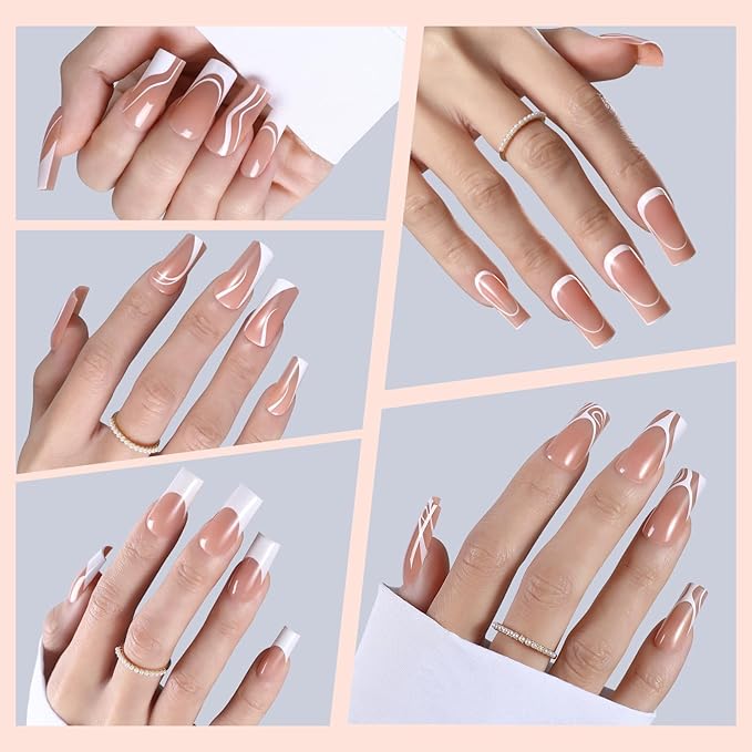 150pcs Square Press on Nails for Women, OPKssnails 5 Style Long French Tip Press on Nails, Pre-Designed Swirl French Tip Nails, Acrylic Gel Nail Tips, Fake Nails Extension for Nail DIY