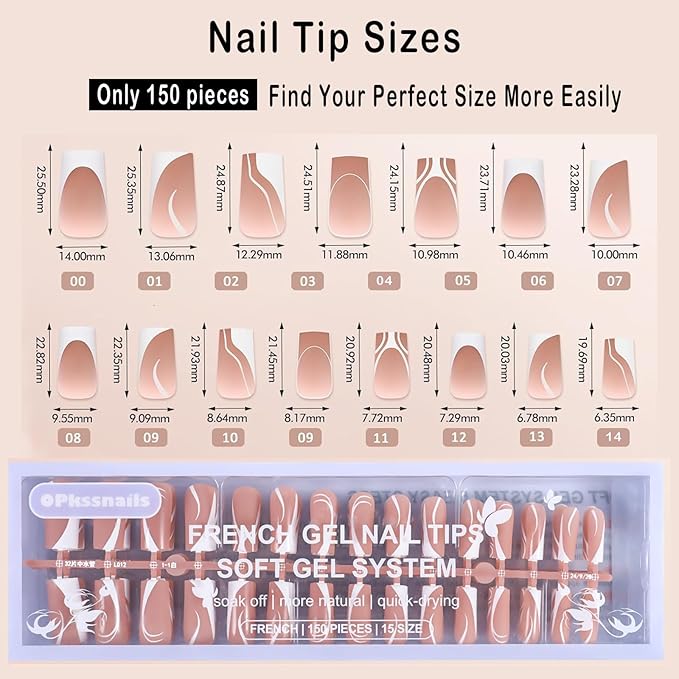 150pcs Square Press on Nails for Women, OPKssnails 5 Style Long French Tip Press on Nails, Pre-Designed Swirl French Tip Nails, Acrylic Gel Nail Tips, Fake Nails Extension for Nail DIY