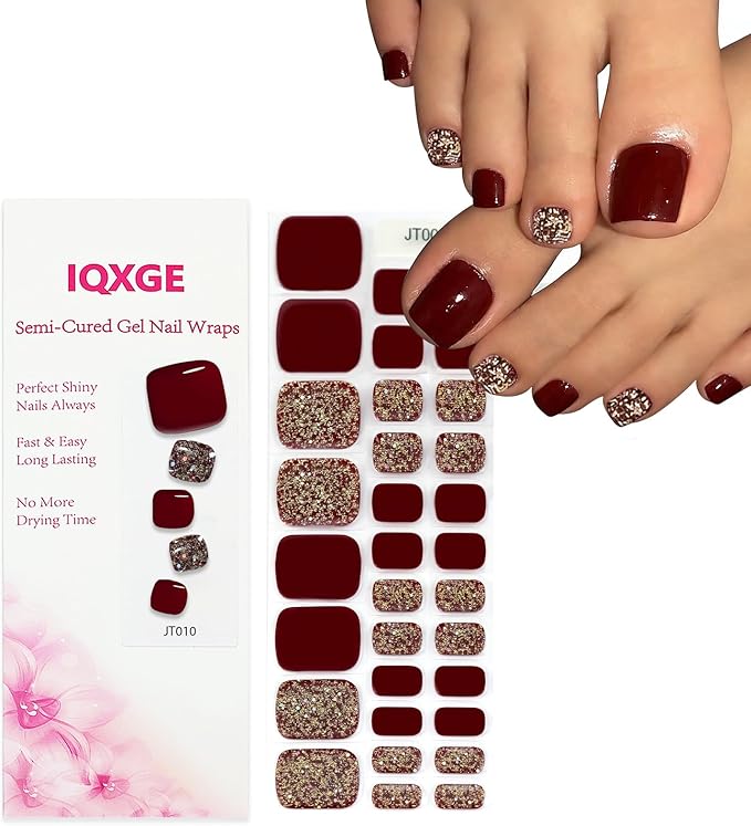 32 Pcs Dark Red Semi Cured Gel Toe Nail Strips Gold Glitter Gel Nail Stickers Full Cover Nails Wraps Self Adhesive Toe Nails Polish Strips Stickers for Women UV/LED Light Required
