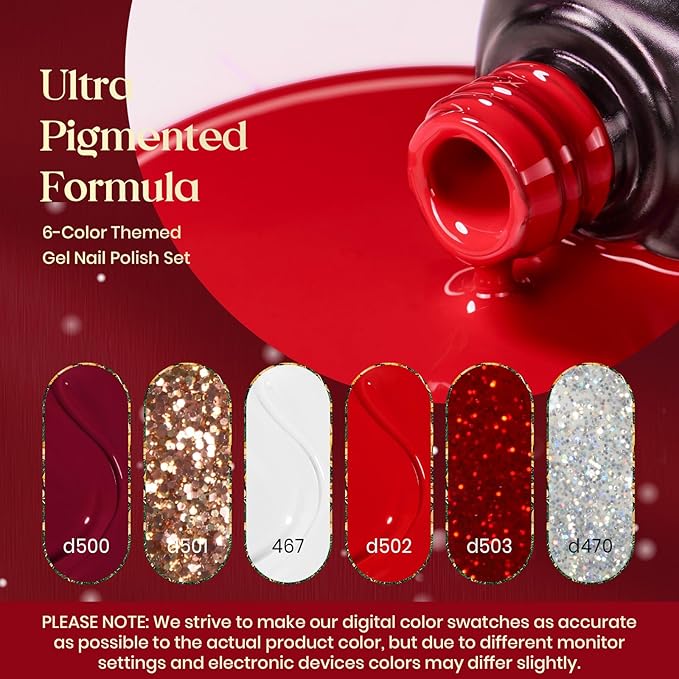 Beetles Gel Nail Polish – Candy Cane Gel Polish Set, 6 Color Burgundy Red Glitter White Silver Snow Holiday Sparkle Manicure Kit Soak off Uv Nail Art Design Gifts for Women