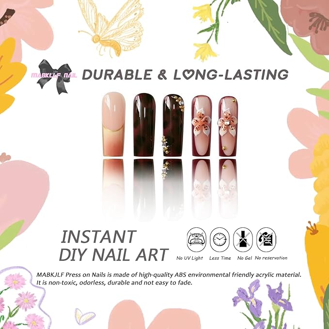 Long Square Press on Nails MABKJLF 3D Gold Curve Line Nails Floral Fake Nails French Tip False Nails with Rhinestones Leopard Print Designs Glossy Glue on Nails for Women Girls 24Pcs