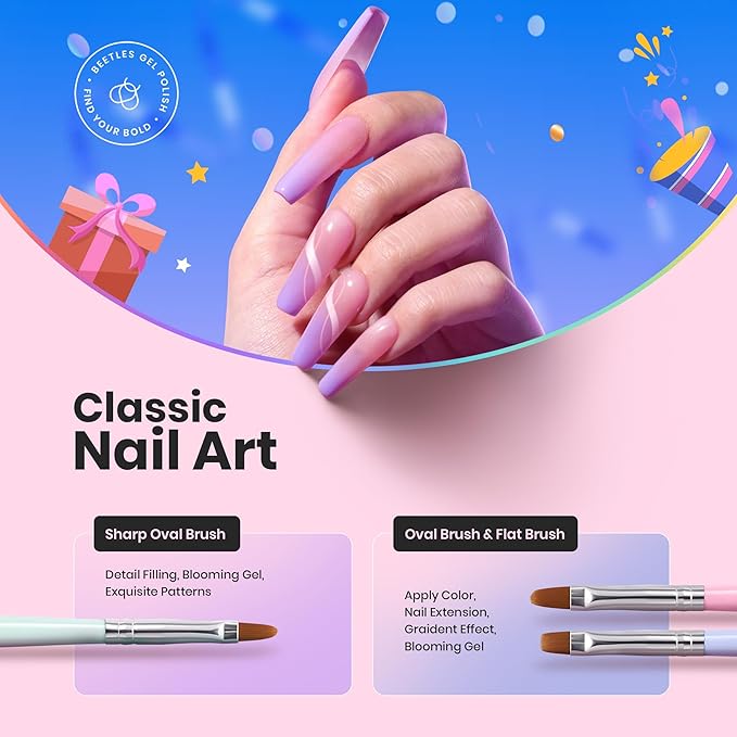 Beetles Gel Polish Nail Art Brushes, 6 Pcs Fingernail Art Design Pens, Dotting Pen Clean Up Liner French Nail Brush Set, Wood Alloy Handle, DIY Manicure Tools Gift for Women