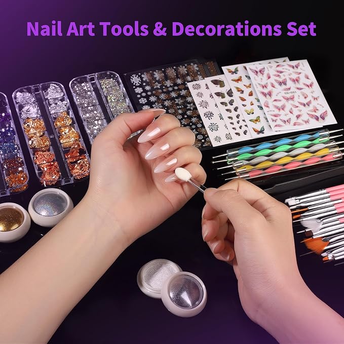 FANDAMEI Nail Design Kit, Nail Art Kit, 15 PCS Nail Brushes For Nail Art, Nail Art Tools, Rhinestones For Nails, Nail Stickers, Pearl Chrome Nail Powder, Chrome Powder For Nails, Nail Design Tools