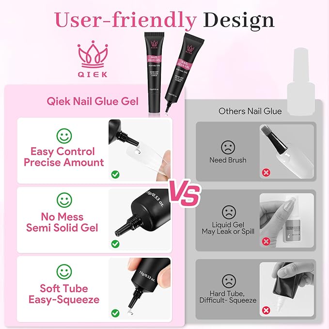 Nail Tips Gel Glue 2Pcs*15g - Lamp Curing Solid Nail Glue for False Acrylic Nails, Crystal Clear Long Lasting 28 Days No Yellowing Salon Quality DIY Home Manicure Beginner-Friendly