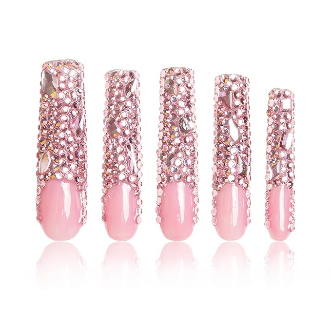 LOVFUL Press on Nails Pink French Tip Rhinestone | Handmade with Full Covered Crystals | Reusable Fake Nails | Square Long 2.2 in | H27-L