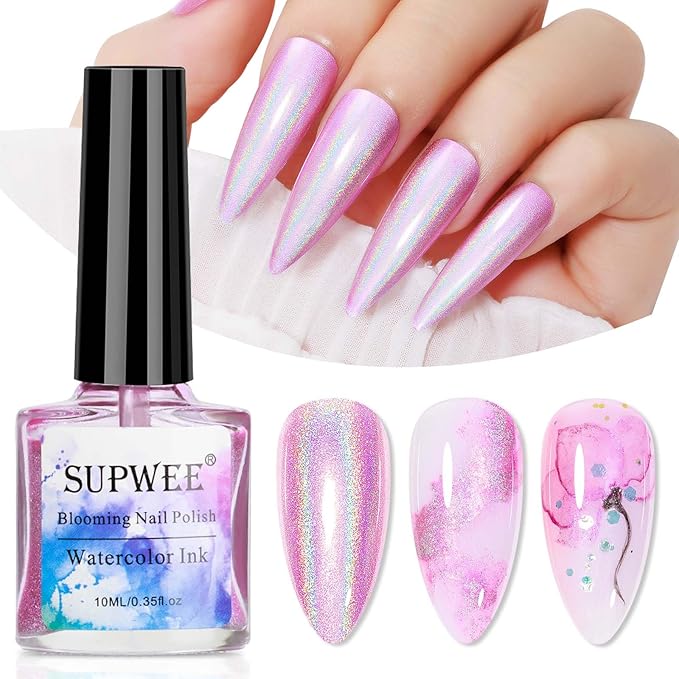2 In 1 Marble Nail Polish and Holographicge Nail Polish Marble Watercolor Ink Nails Painting Blooming Gel Polish Nails Art Design 001
