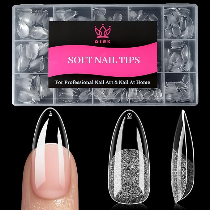 Medium Almond Fake Nail Tips, 15 Sizes 240 PCS Clear Half Matte Press On False Nail Tips Pre-shaped Full Cover Gel Nail Acrylic Soft Tips Extensions Thick Long Lasting for Home DIY Nail Salon