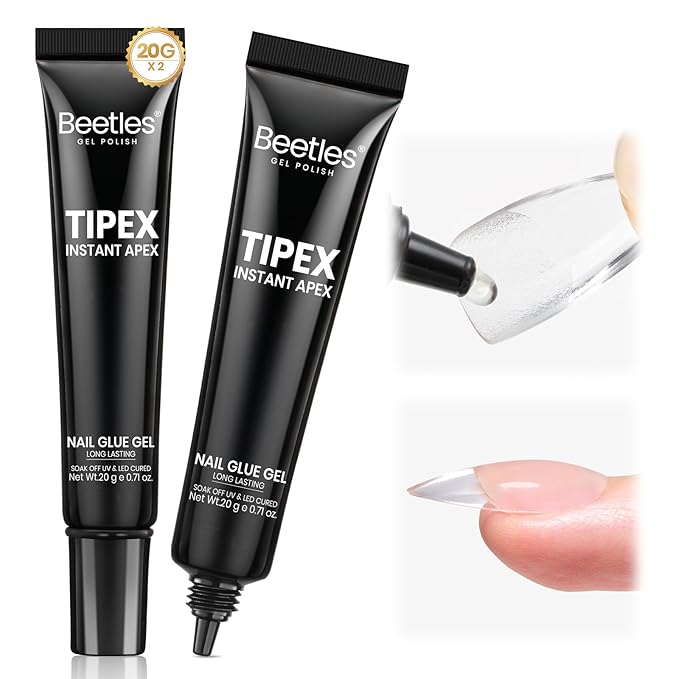 Beetles Tipex Nail Glue Gel 2 Pcs 20g, Super Strong Hands-Free Solid Nail Glue for Tipex Instant Apex Nail Tips, Professional Beginner-Friendly, U V Light Required