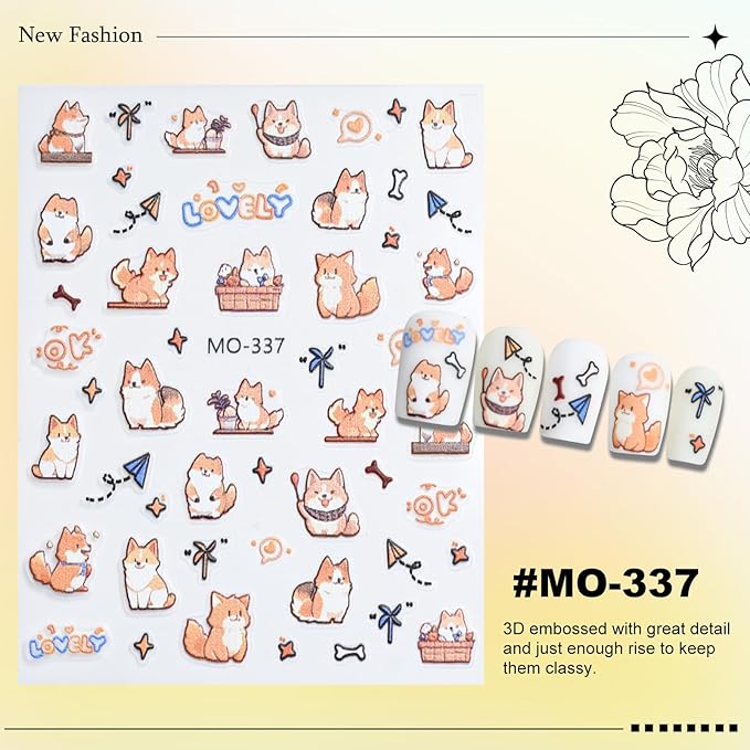 6 Sheets Cute Cat Dog Nail Stickers for Nail Art Adorable Kitty Bow Designs 3D Embossed Self Adhesive Nail Decals for Women DIY Manicure Decoration YX1234