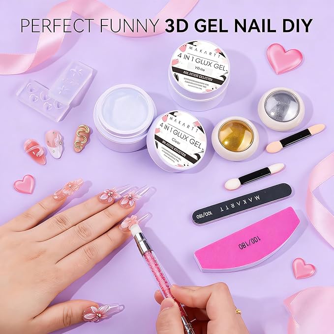 Makartt 3D Gel Nail Art for Nails Starter Kit: Clear and White 3D Sculpting Gel Non-Sticky Molding Carving Glue Extension Builder DIY Manicure Gold & Silver Chrome Powder Solid Soak Off Hard Gels