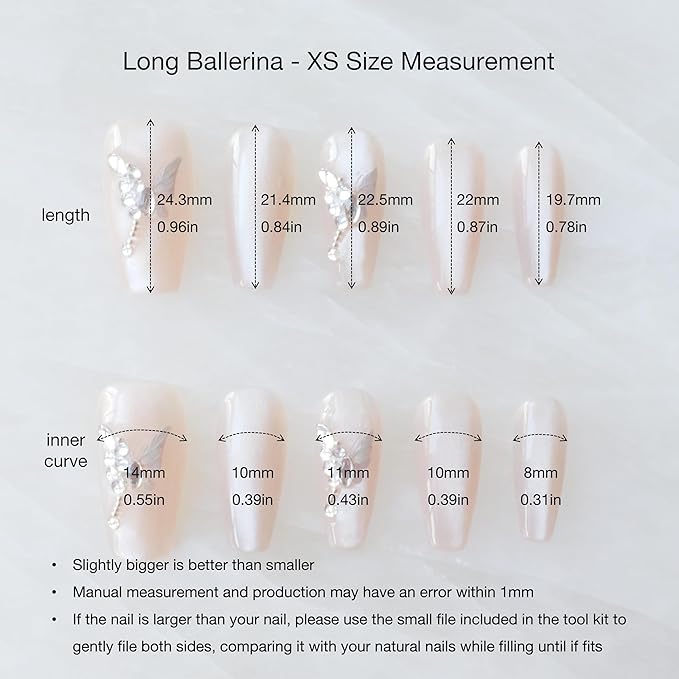 Press On Nails, Long Ballerina Coffin Shape, Nude Pink with Butterfly Rhinestone Design, Handmade False Nail 10 Pieces (XS,LB)