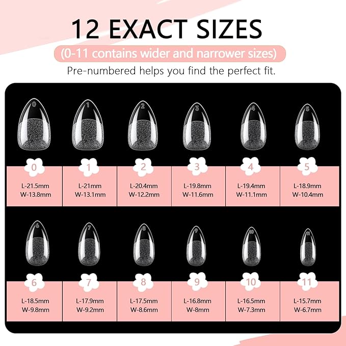 Short Almond Full Cover Nail Tips - 216pcs Pre-Shaped Gel Gelly Tips, 12 Sizes for Acrylic Nail Extension, Home DIY & Nail Salon