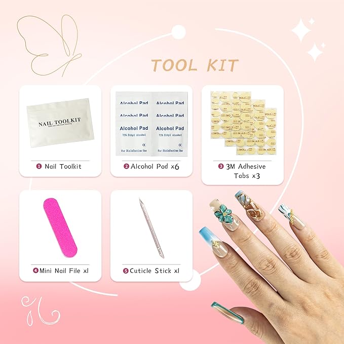 Coffin Handmade Square Press on Nails with Charms – Ombre French Tip 3D Rhinestones Flower Cross Design 100% Artisan-Crafted Reusable Stick on Fake Nails (Size S)