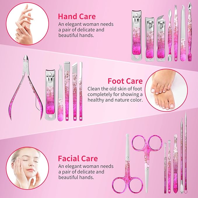 Nail Clippers Set Fingernail and Toenail Clipper Cutters, Professional Manicure Pedicure Kit 18Pcs, Nail Care Grooming Tools with Luxurious Travel Case (Diamond Rose)