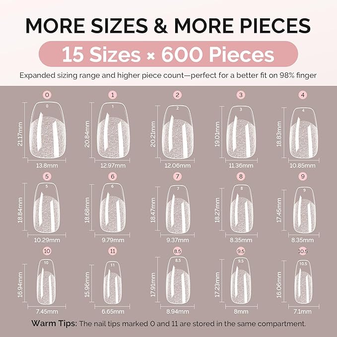 MelodySusie Short Ballerina X Nail Tips - 600Pcs 15 Sizes Clear Acrylic, Half Matte Full Cover Press on Nails for DIY Extension & Salon Use, Pre-Shaped for Long-Lasting Manicure