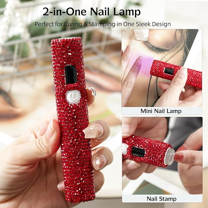 Handheld UV Nail Lamp with Sparkly Rhinestones, 3W Portable LED Nail Lamp, Wireless Rechargeable USB Nail Dryer with Silicone Stamper, LCD Display, Ideal for Home DIY Manicures (Red)