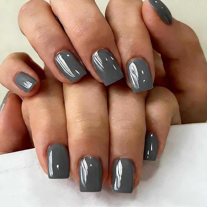 Chrome Dark Black Press on Nails Short Square, Glazed Short Fake Nails with Sparkle Mirror Design, Shiny Glitter Glue on Nails with Glue, Cute Gel Nail Press ons for Fingernail 30 Pcs