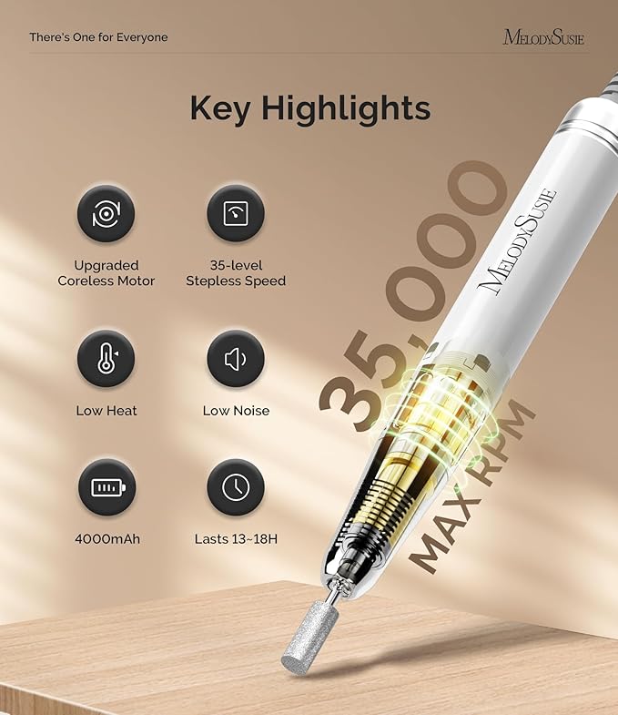 MelodySusie Professional Clip-On High-Efficiency Nail Drill, MM400C 35000RPM Rechargeable Electric File with Lightweight Handpiece for All Manicure Shaping, Polishing, Gel Removal & Salon Use
