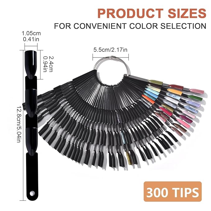 300 Tips Nail Swatch Sticks with Metal Split Ring Fan-shaped Display Nail Practice Sticks Nail Sample Swatches for Nail Art Polish Practice Nail Color Display (Black)