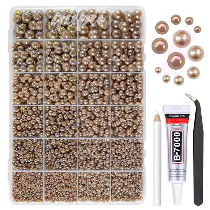 2 Styles Solid Brown+ Brown AB Flatback Pearls for Bedazzling Crafting 3mm-10mm Coffee Half Round Pearls Beads Gems Bedazzler Kit for Nails Face Eyes Makeup Tumblers Bottles DIY Crafts Shoes﻿﻿